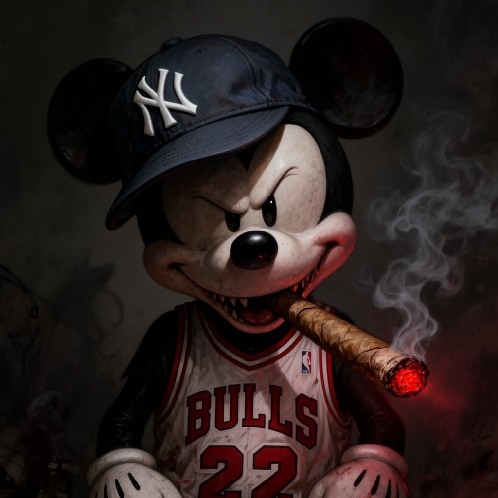 Menacing Mickey Mouse Smoking Cigar in Horror Art Style