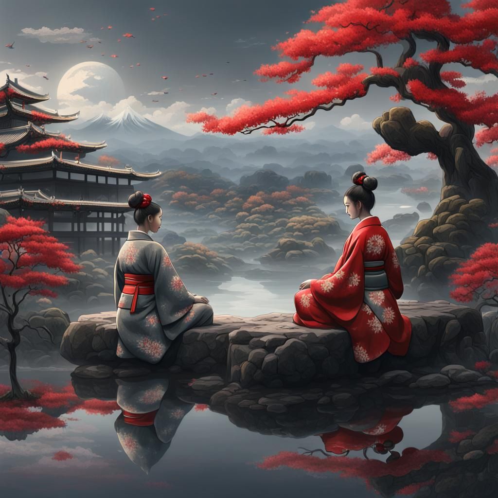 Japanese Women in Gray Landscape, Fantasy Concept Art