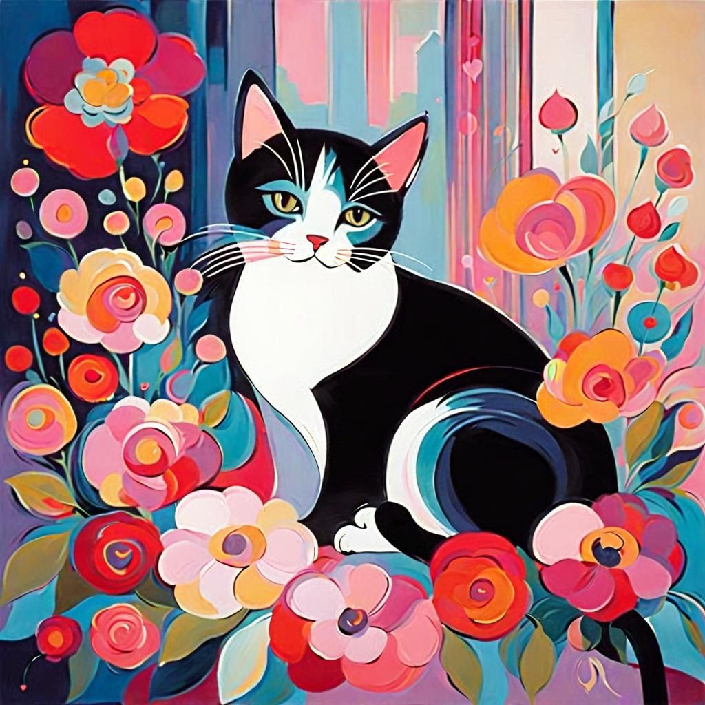 Cat Surrounded by Flowers, in Impressionist Style