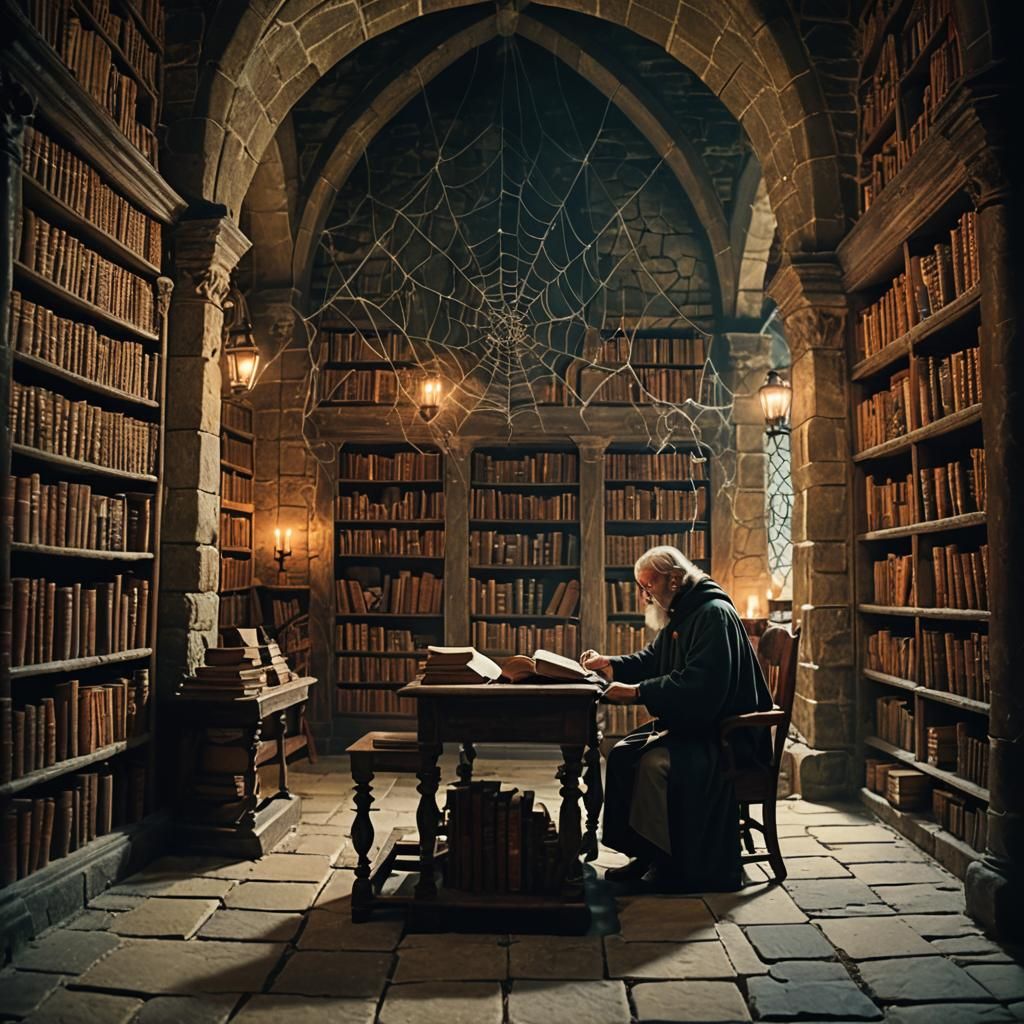 Medieval Librarian in Ancient Library Reading