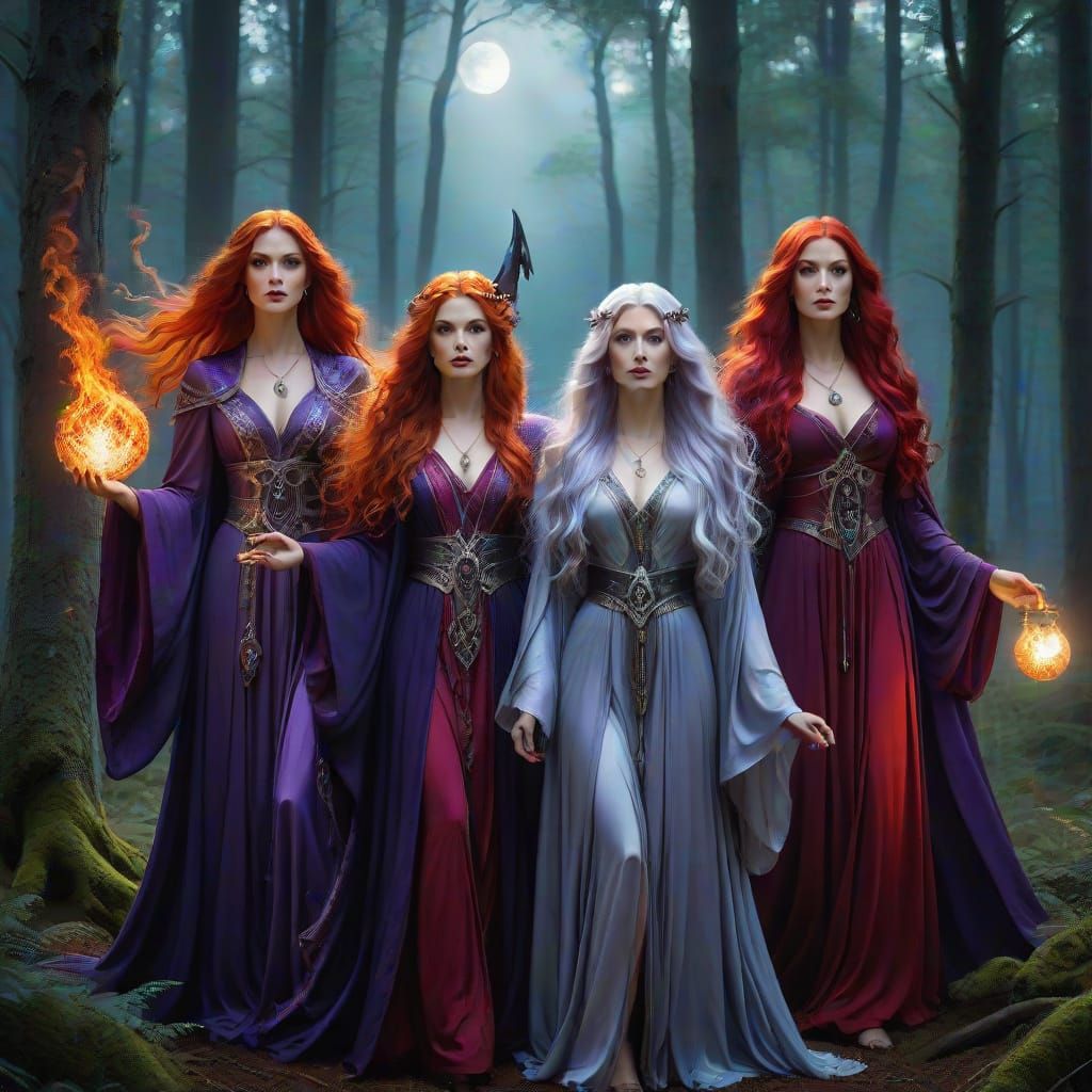 Three Mystical Witches in Moonlit Forest Clearing