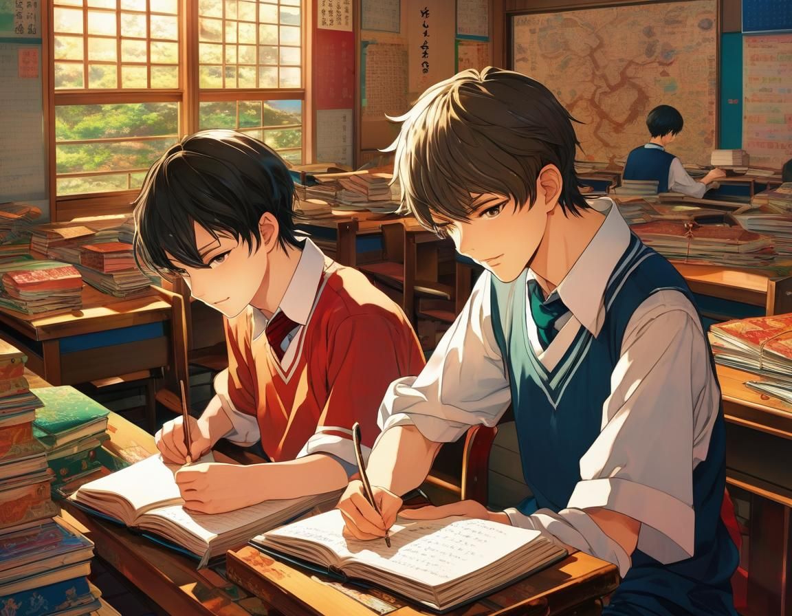 Anime Boys in Classroom: Manga Style Illustration
