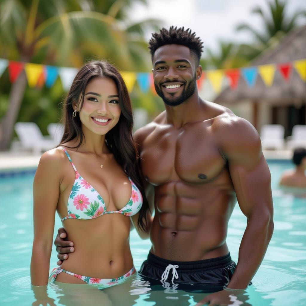 Couple at Haitian Pool Party Hyperdetailed Charcoal Drawing