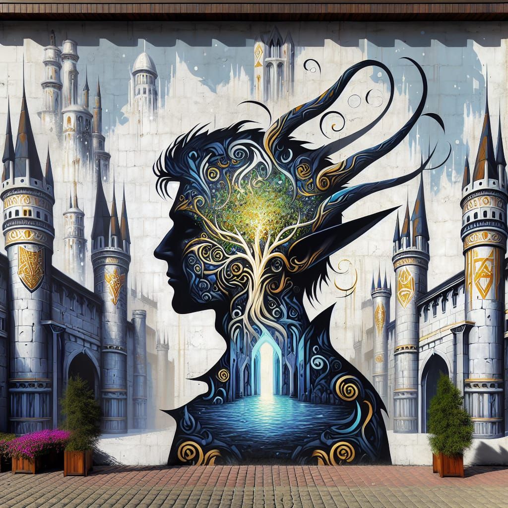 Elven Silhouette with Mystical Tree in Castle Courtyard