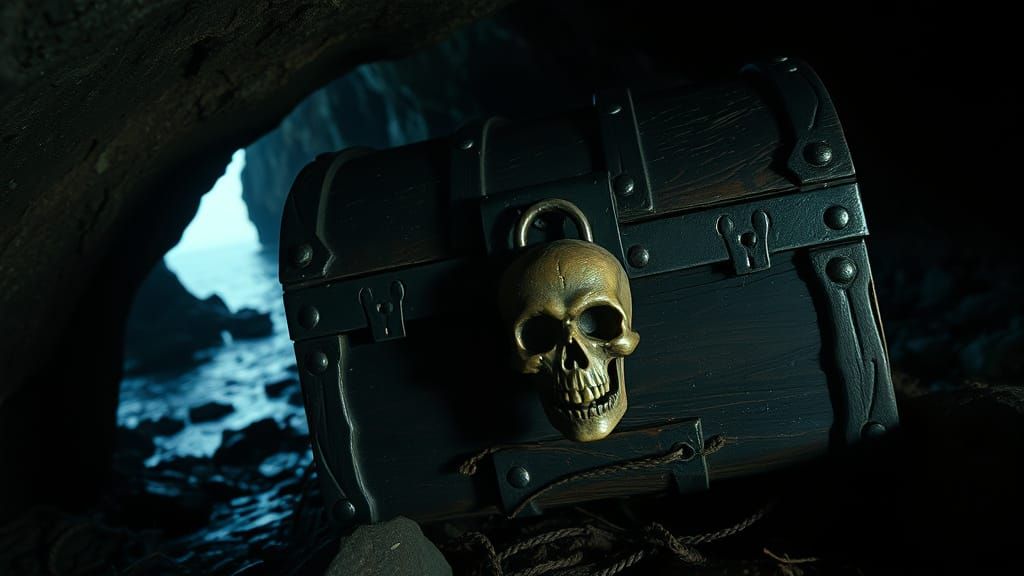 Ominous Skull Chest in Dark Coastal Cave