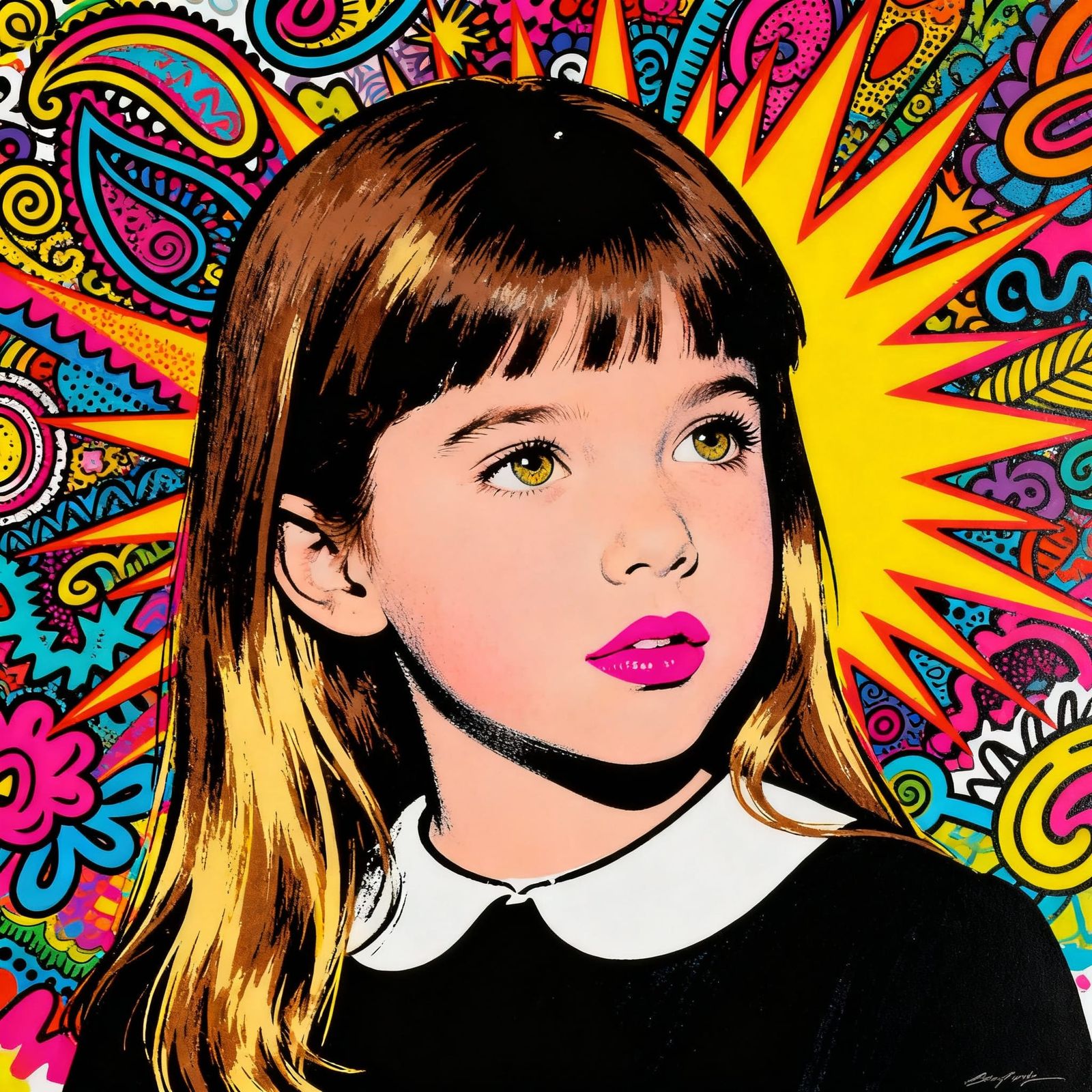 Andy Warhol Style Portrait of Girl with Colorful Doodles