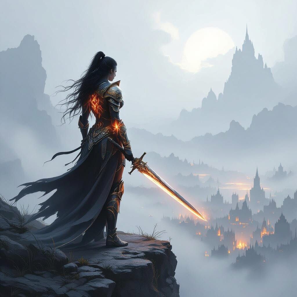 Warrior Woman on Precipice Overlooking Misty Battlefield
