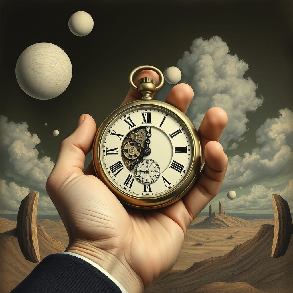 Hand Holding Clock in Surrealist Style