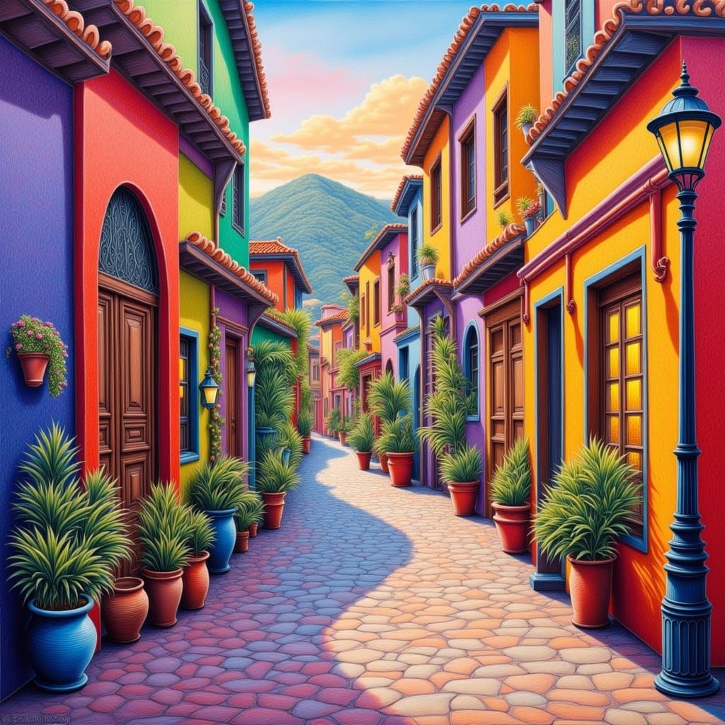 Vibrant City Scene in Watercolor-Inspired Style