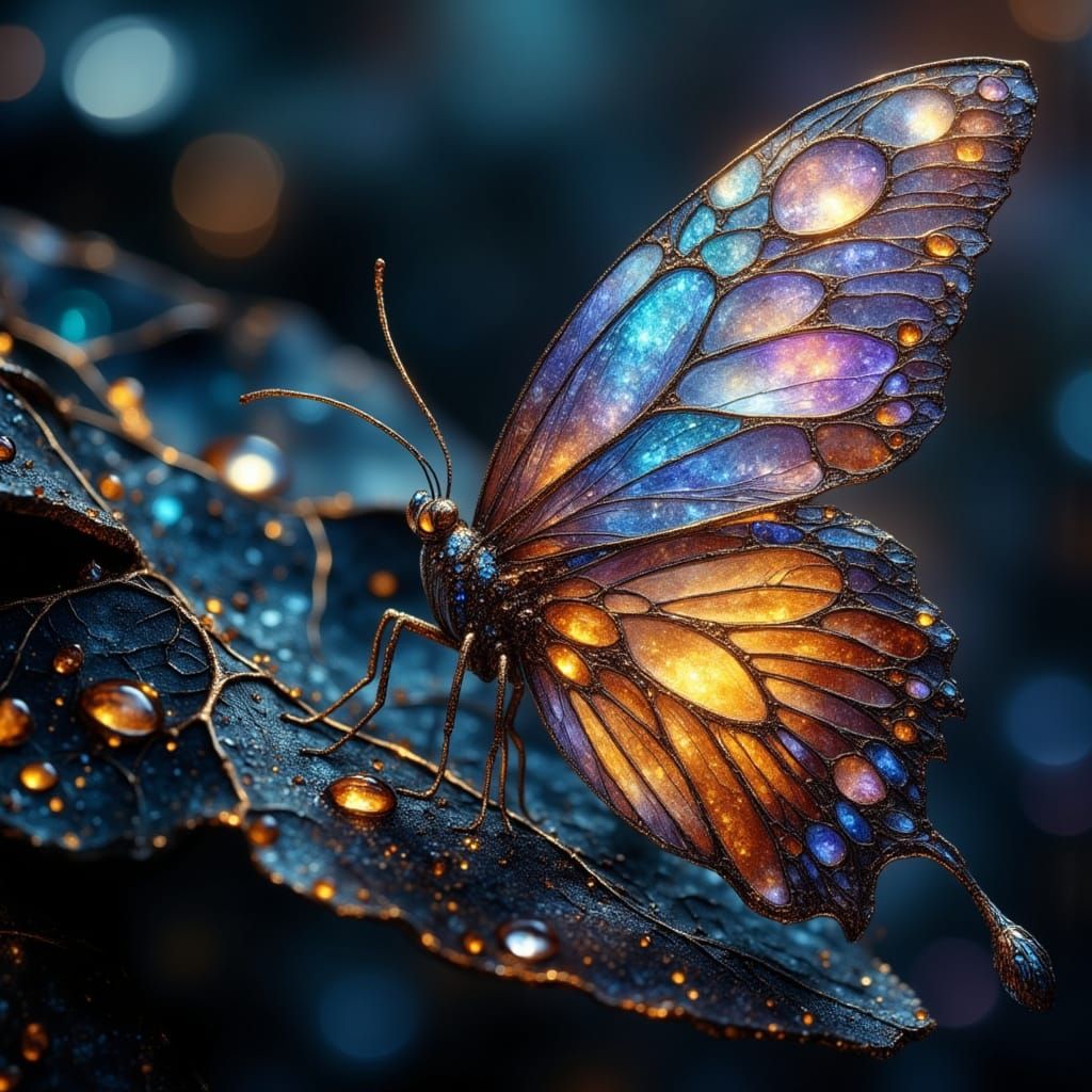 Fantastical Crystal Butterfly on Obsidian Leaf in Magical Fo...
