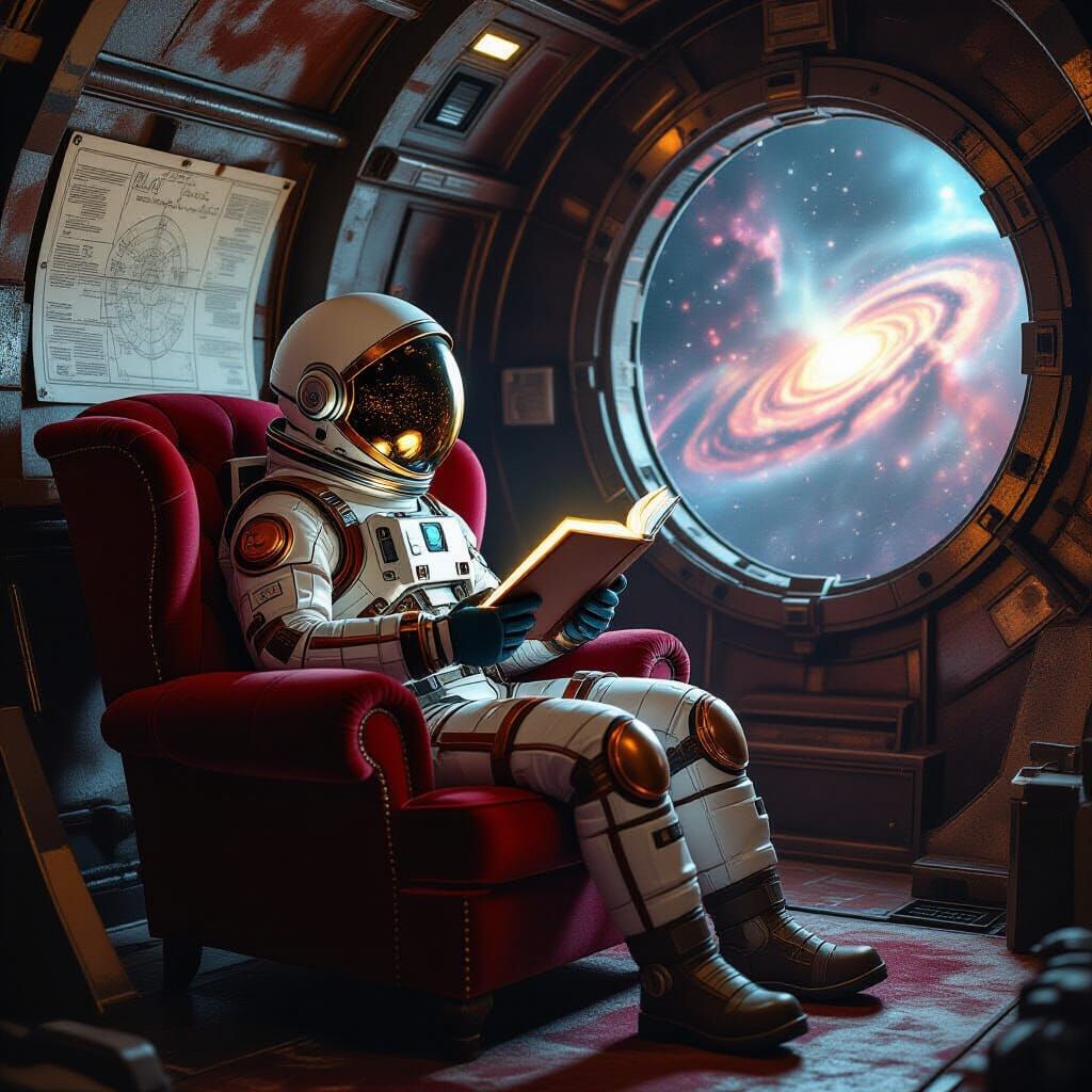 Astronaut Reading Holographic Book in Spaceship Bay