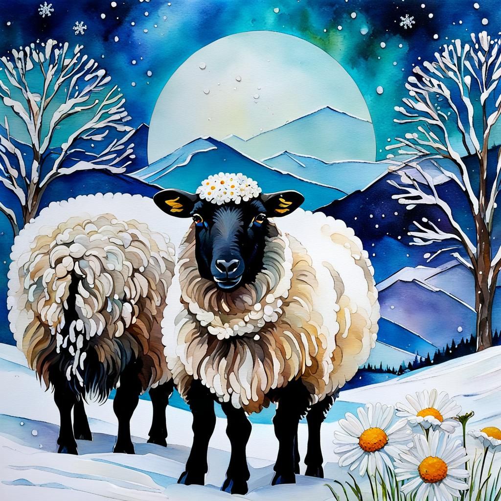 Winter Sheep and Daisy in Impasto Alcohol Ink
