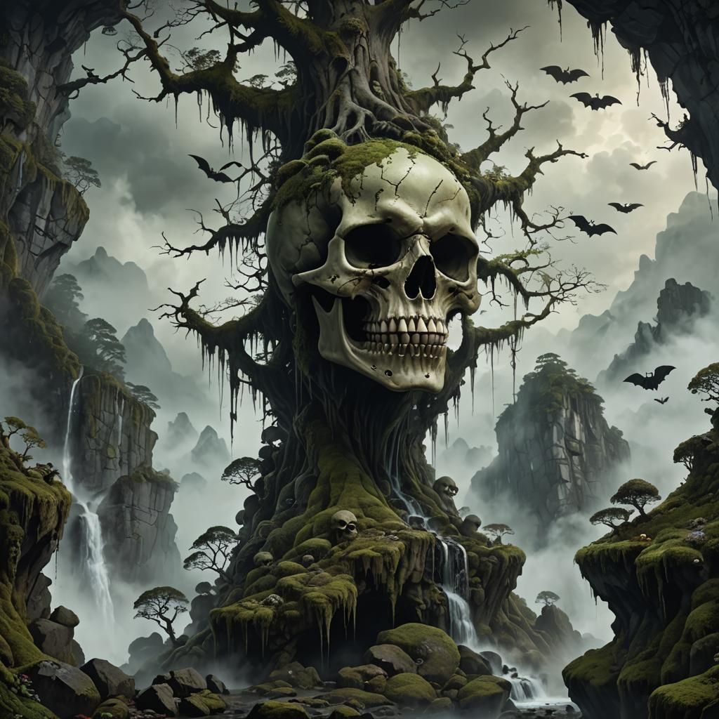 Skull Mountain Waterfall: Dark Fantasy Digital Art
