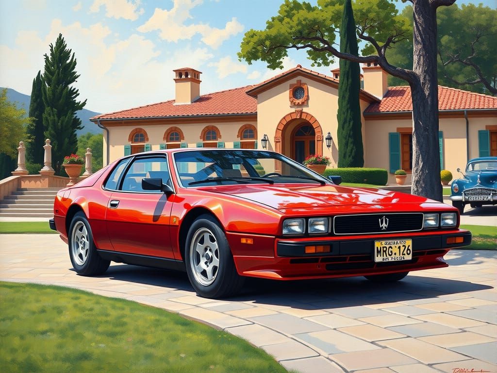 Luxurious Tuscan Villa with Maserati, Oil Painting