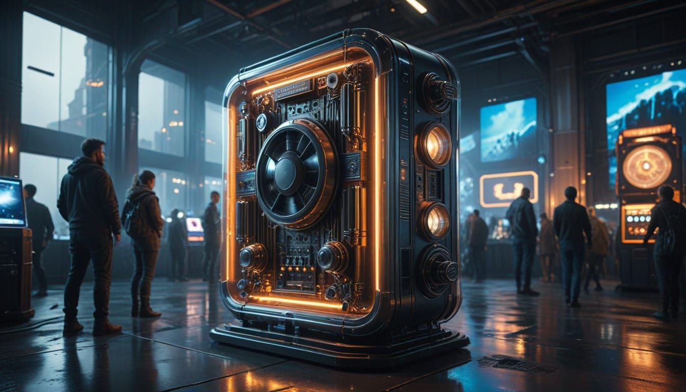 Intricately Designed PC Case in Futuristic Exhibition Hall