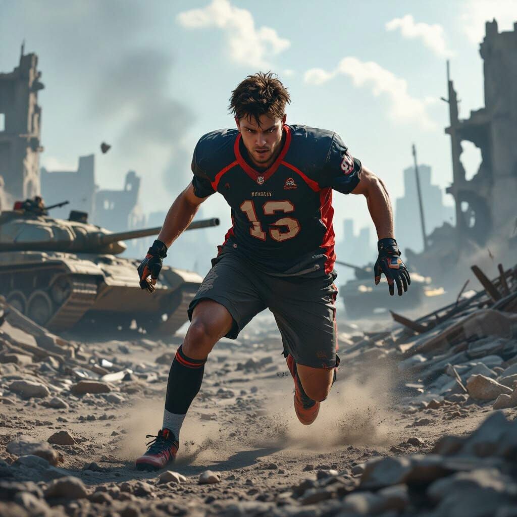Athlete on Battlefield in Dystopian Landscape