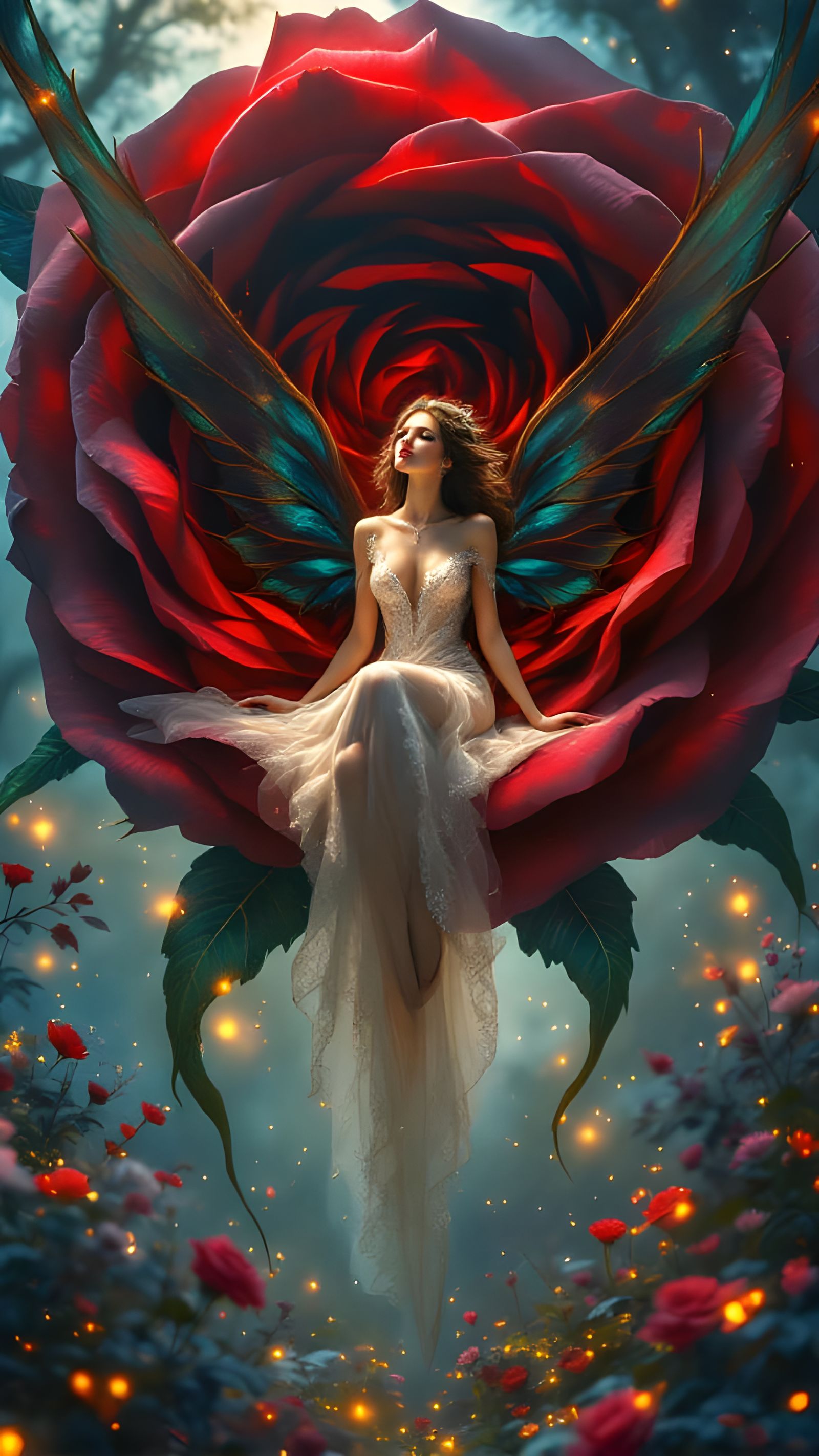 Dragon Fairy in Red Rose, Ethereal Fantasy