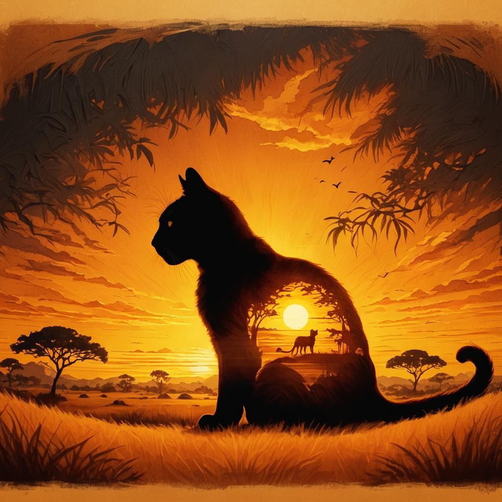 Savannah Sunset Cat Silhouette with Lions