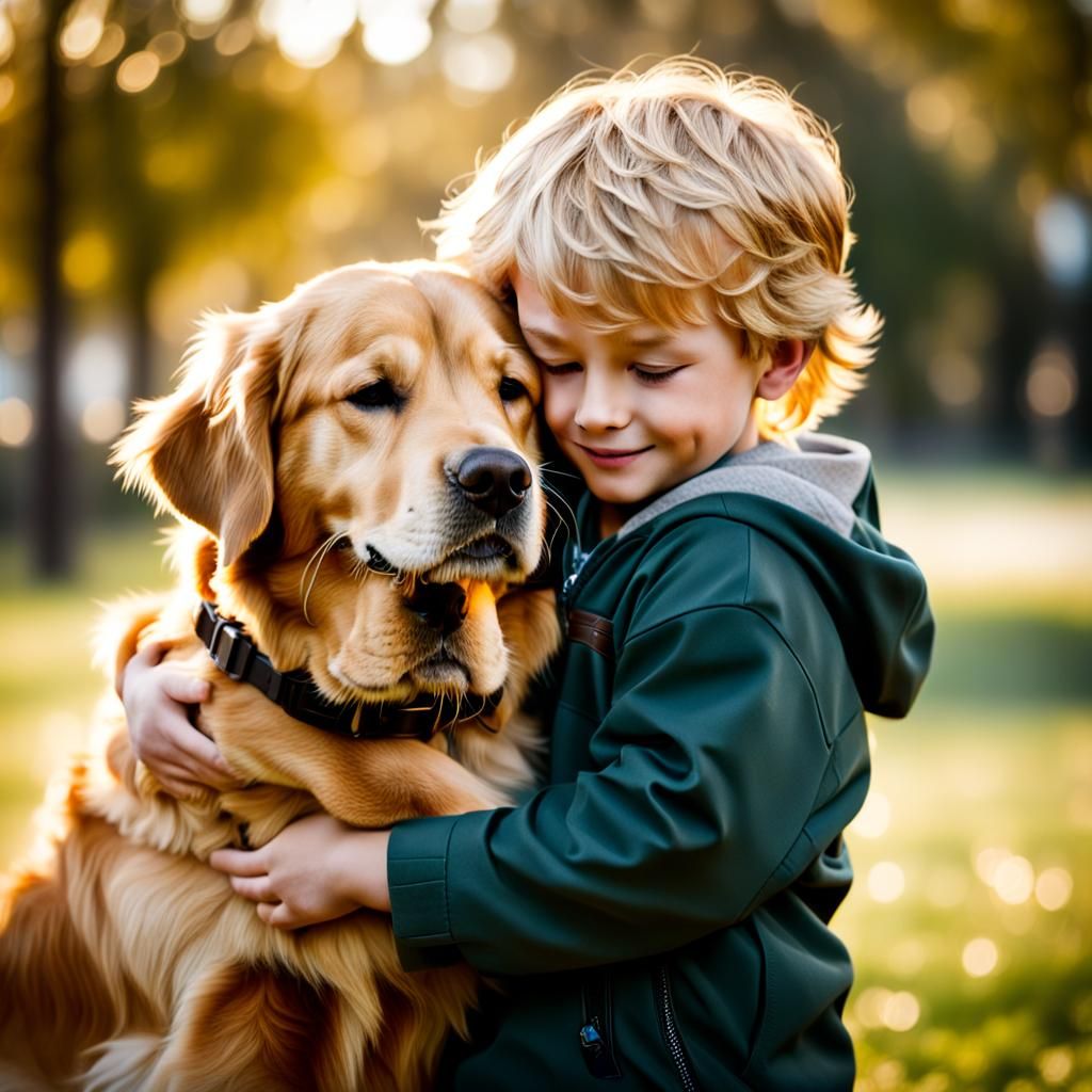 Boy and Golden Retriever Hug in Natural Light