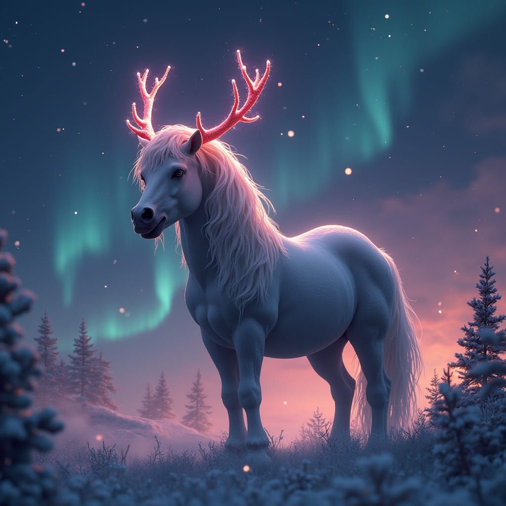 Majestic Christmas Horse Adorned with Reindeer Horns in Vibr...