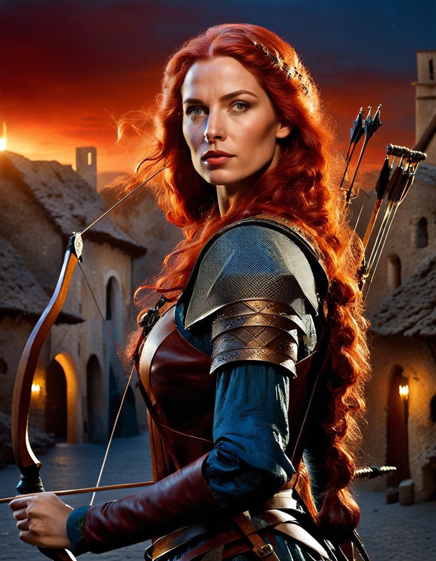 Beautiful young Brown leather clad female Archer, holding a long-bow, In a medieval village center at night, flowing lon...