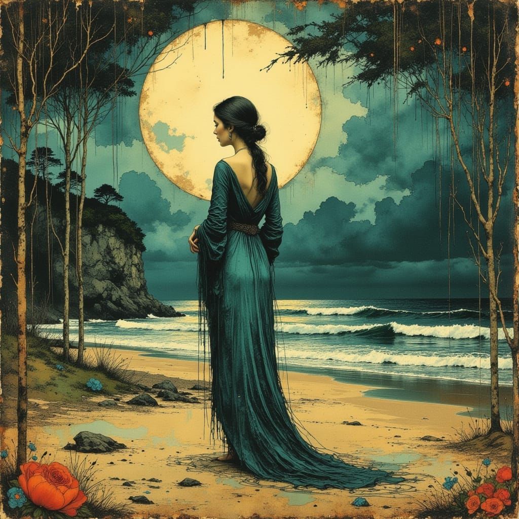 Elegant Woman on Moonlit Beach in Art Nouveau Style