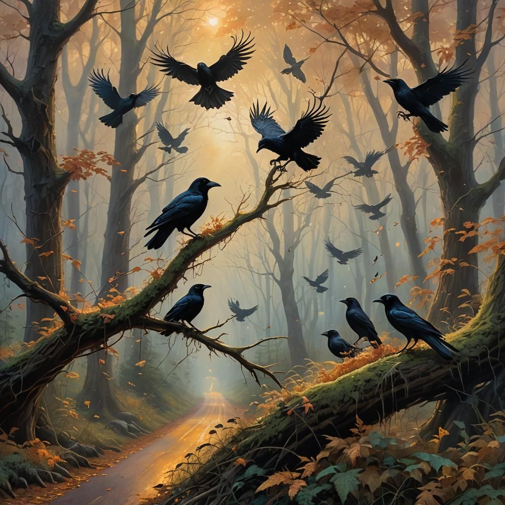 Ethereal Crows Feast in Mystical Forest