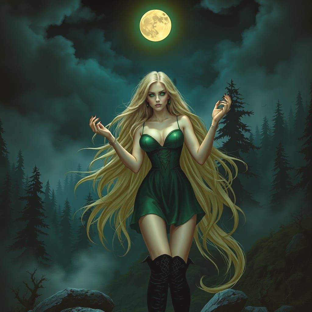 Seductive Enchantress in Dark Forest Under Blood Moon