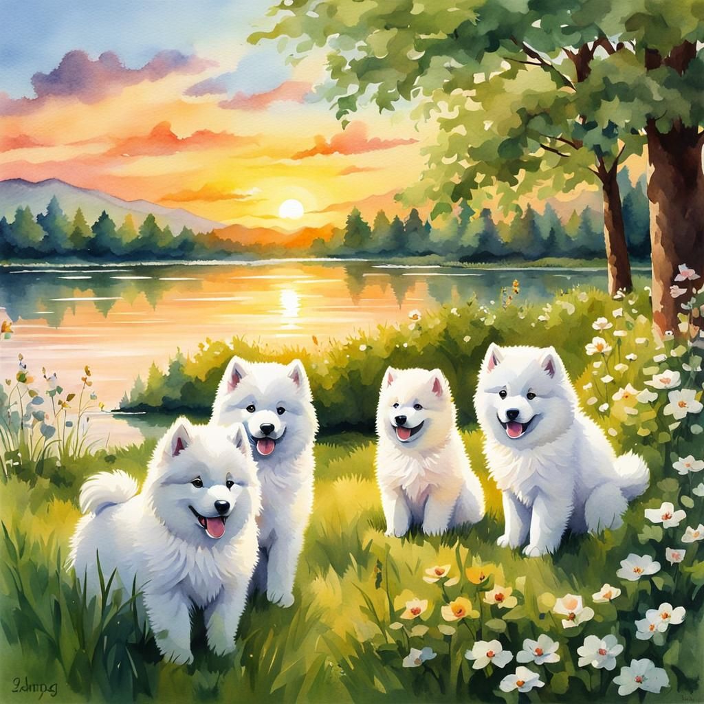 Watercolor Samoyed Puppies at Sunset Lake