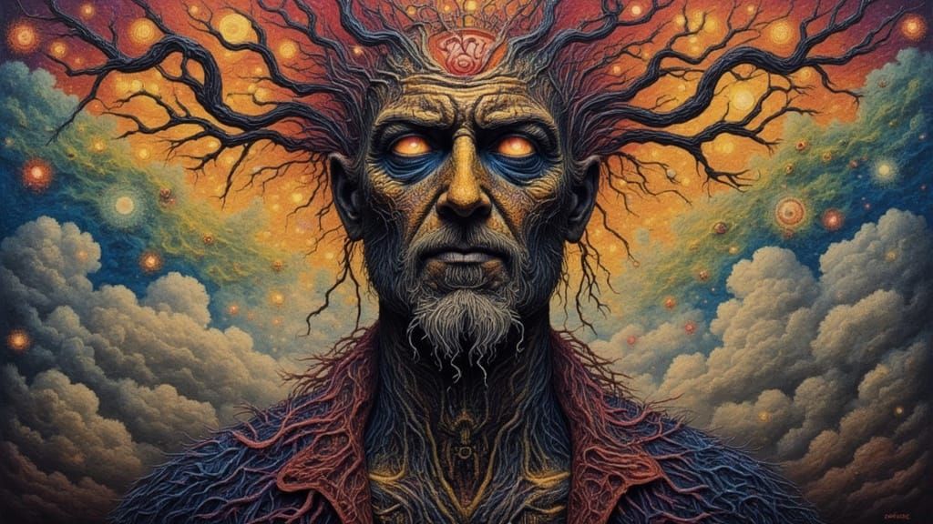 Fractal Faced Man with Rainbow Moss, Impasto Acrylic