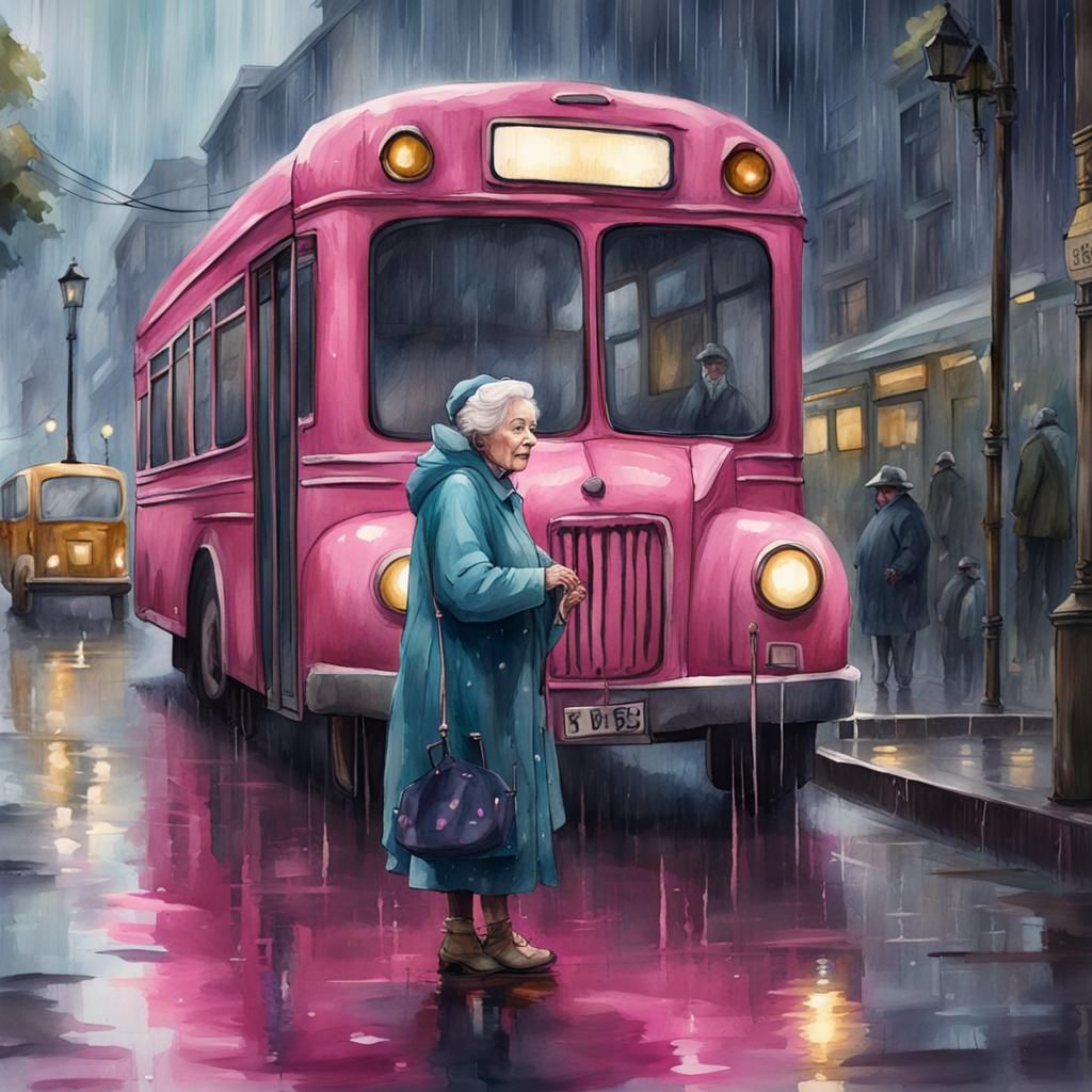 Watercolor Painting of Old Lady Waiting for Bus