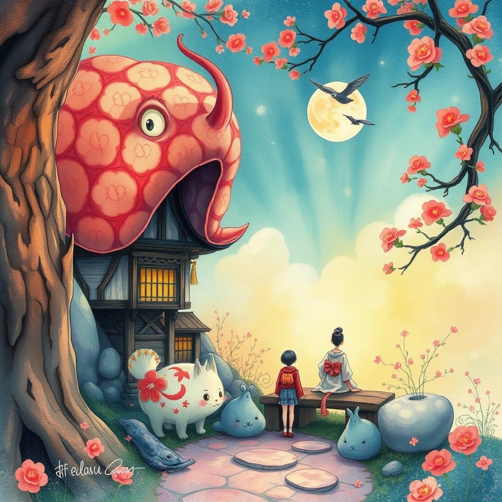 Whimsical, fantastical scene in the style of Hayao Miyazaki Studio Ghibli, with vibrant watercolor-inspired textures and...