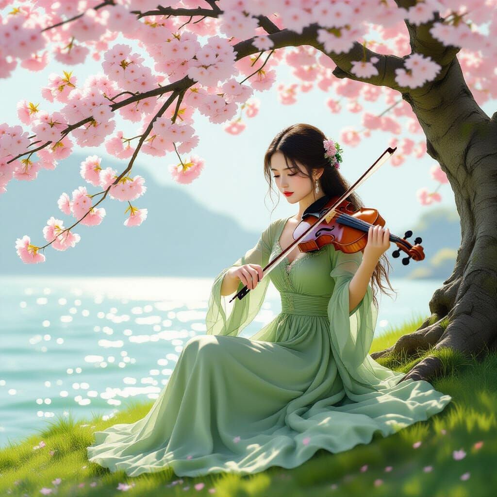 Chinese Girl Playing Violin Under Cherry Blossoms
