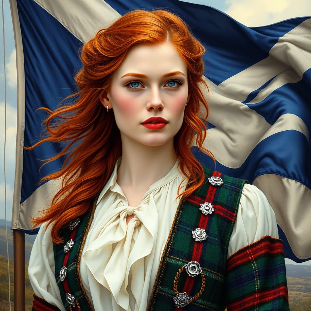 A Pre-Raphaelite Scottish Beauty in Traditional Tartan Regal...