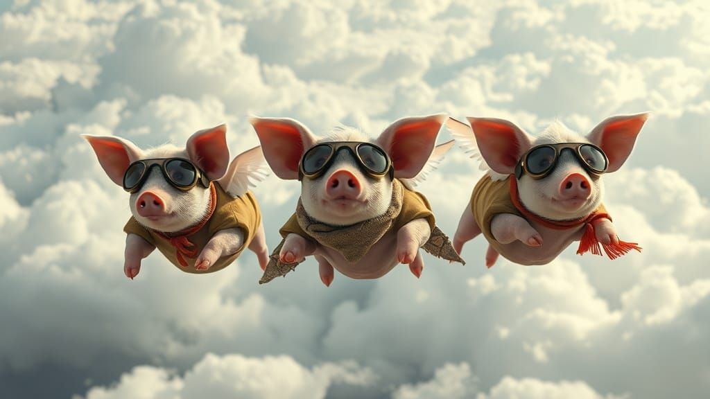 Winged Piglets Soaring Through Dreamlike Skies