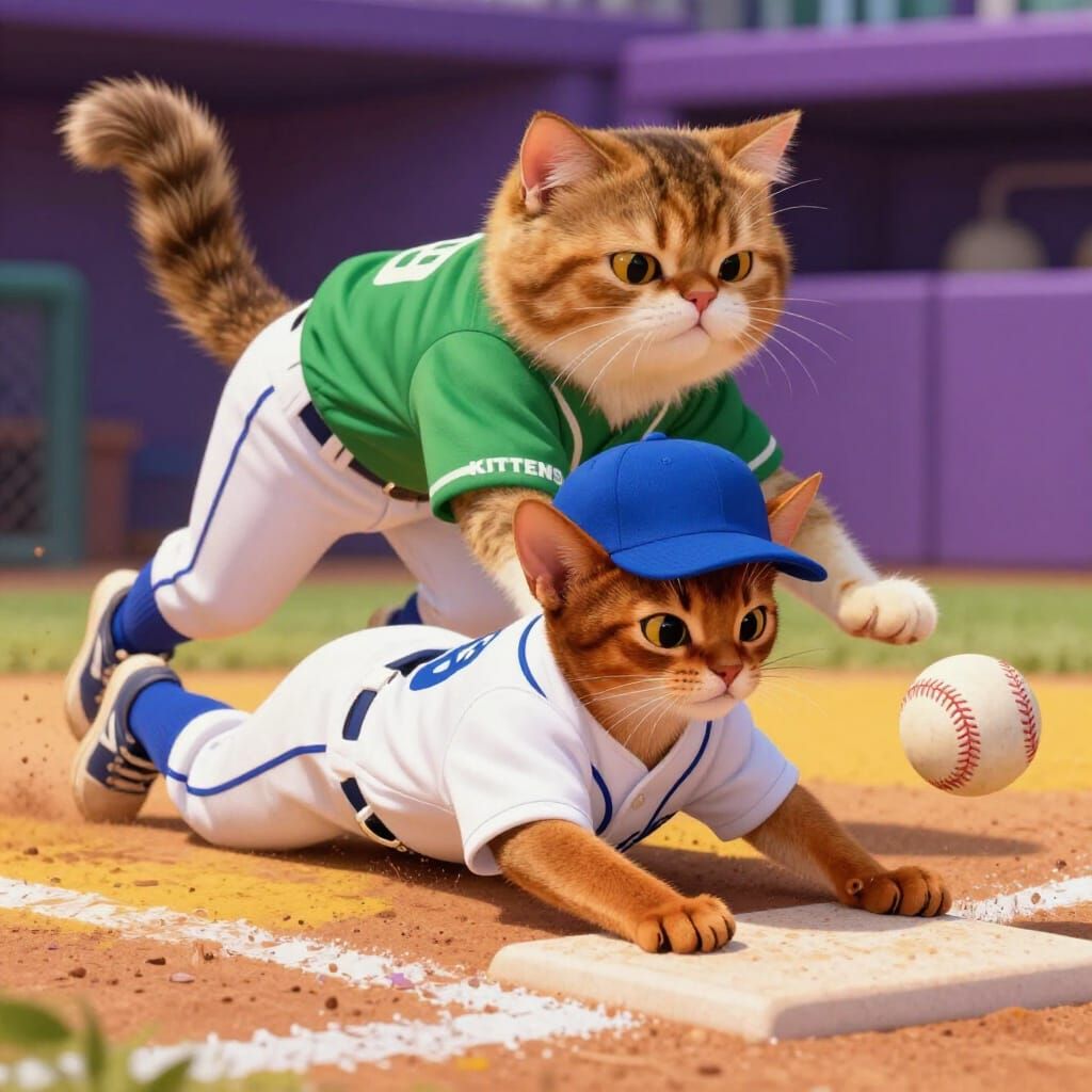 Kitten Baseball Game in Whimsical Storybook Style