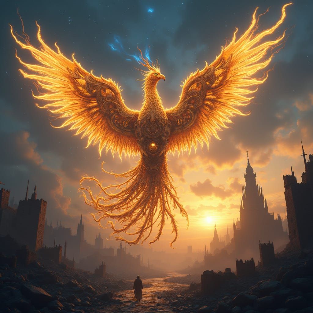 Golden Phoenix Rises from Ruins in Steampunk Twilight