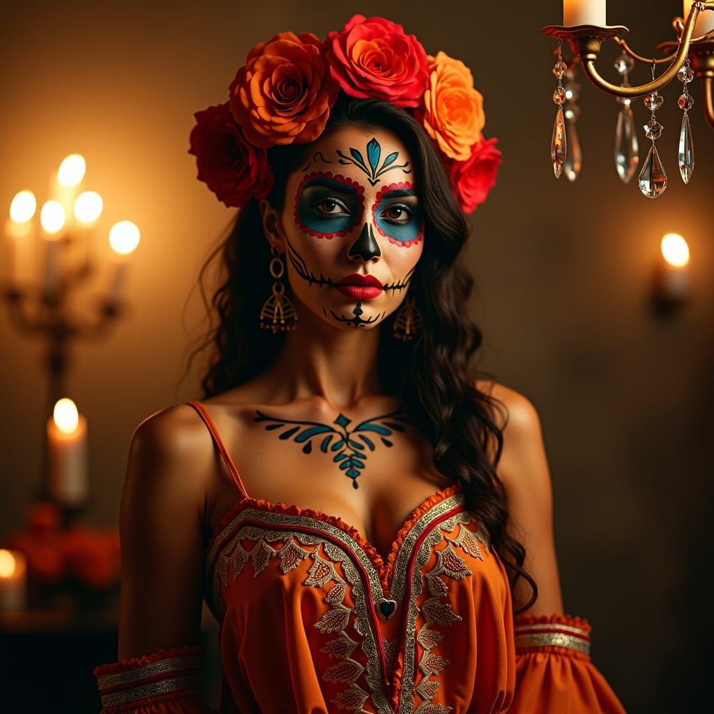 Woman with Día de los Muertos Face Paint in Cinematic Style