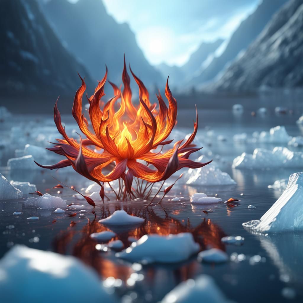 Fiery Flower Blooms in Icy Field: 3D Art