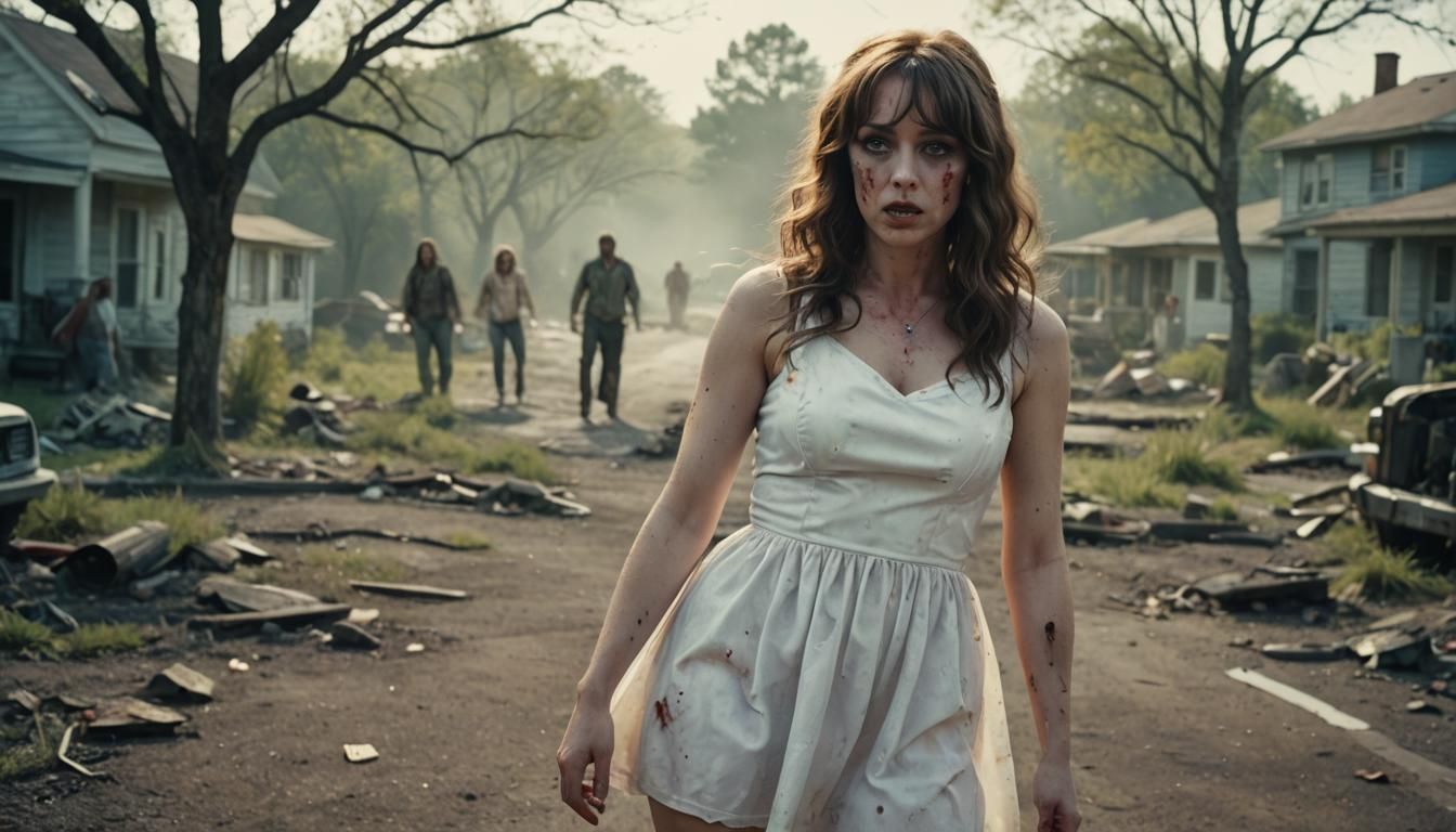 Cinematic Zombie Landscape with Woman in White Dress