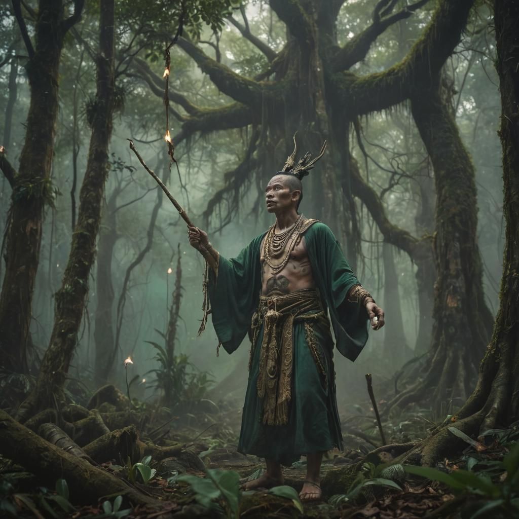 Thai Shaman scares away dark spirits