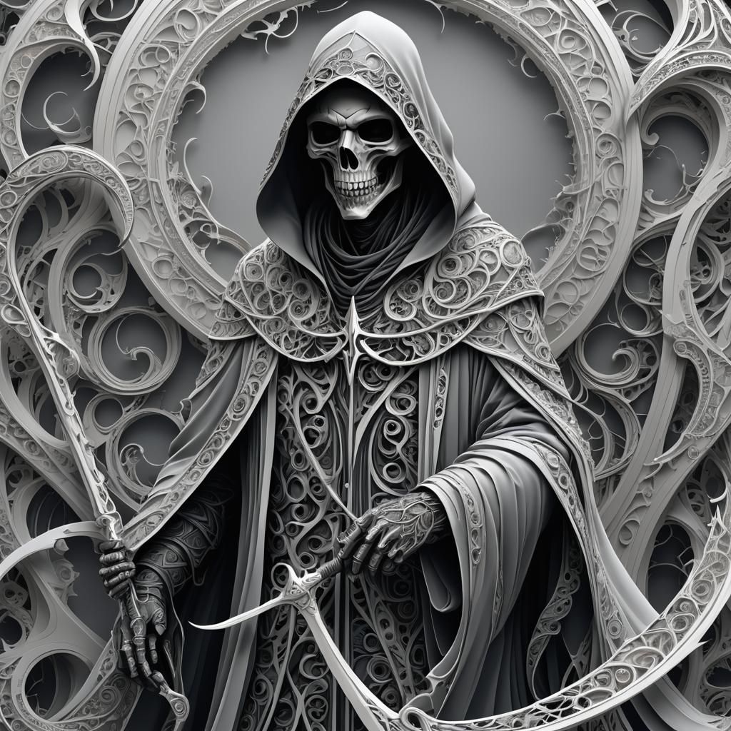 Abstract Fractal Grim Reaper in Monochrome Landscape