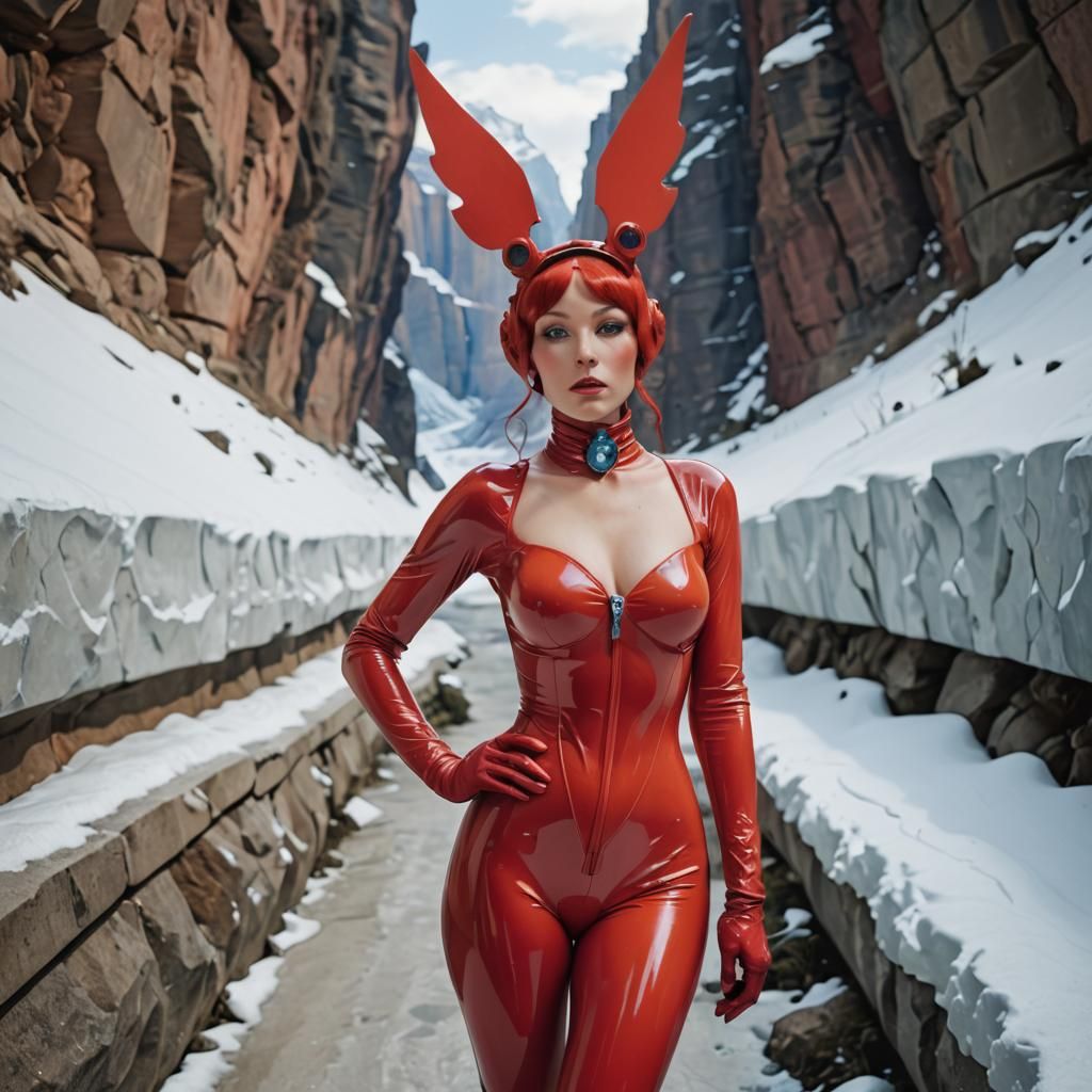 Woman in Latex Suit Posing, Art Nouveau Style