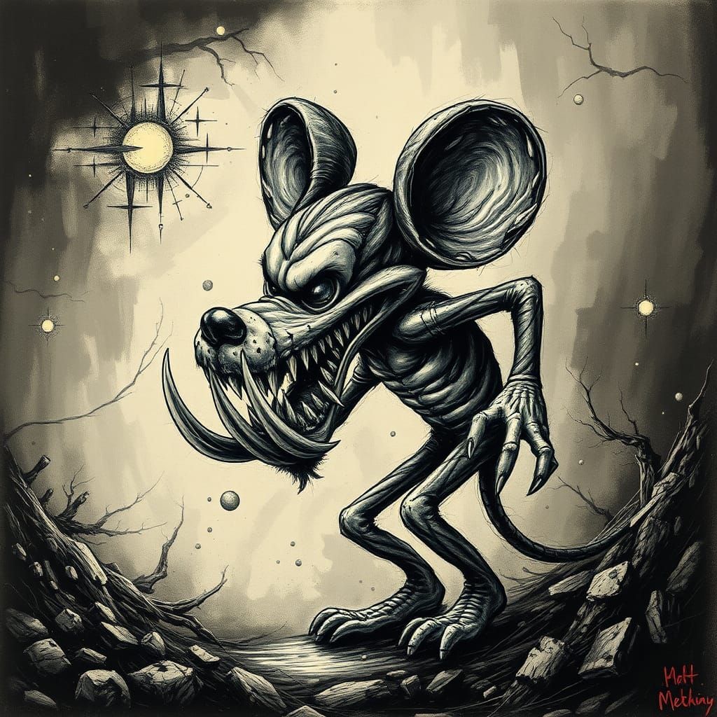 Surreal Sabertooth Mickey Mouse in Ink Painting Style