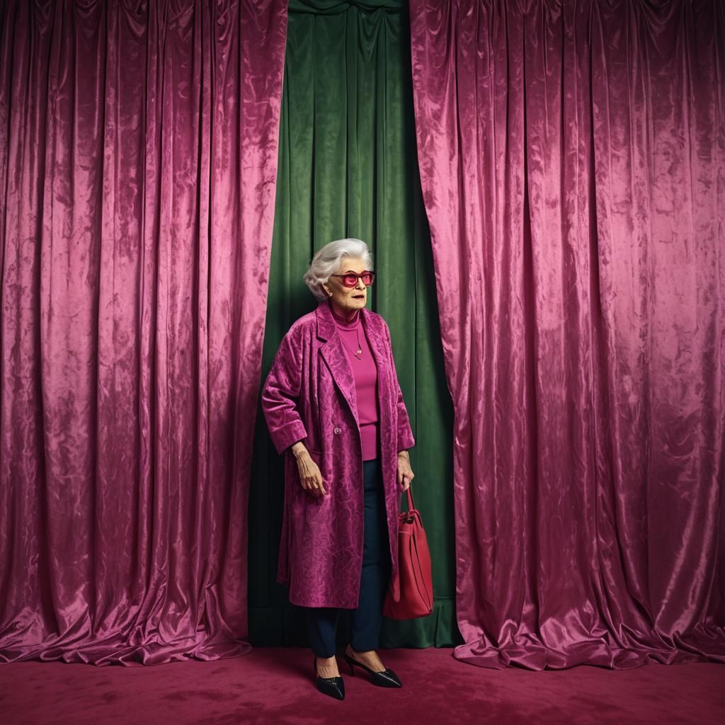 Elderly Woman in Fuchsia Velvet, Cinematic Portrait