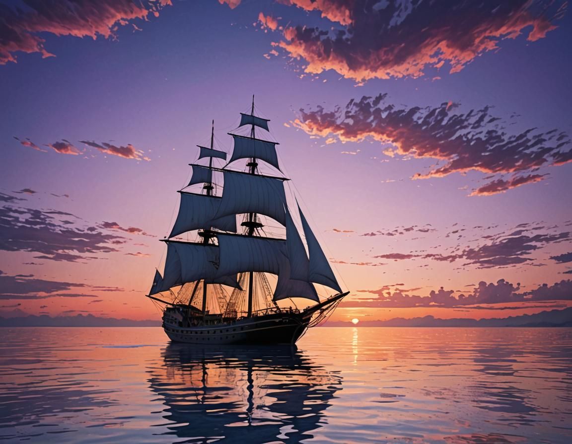 Sunset Voyage: Wooden Ship on a Mirrored Sea