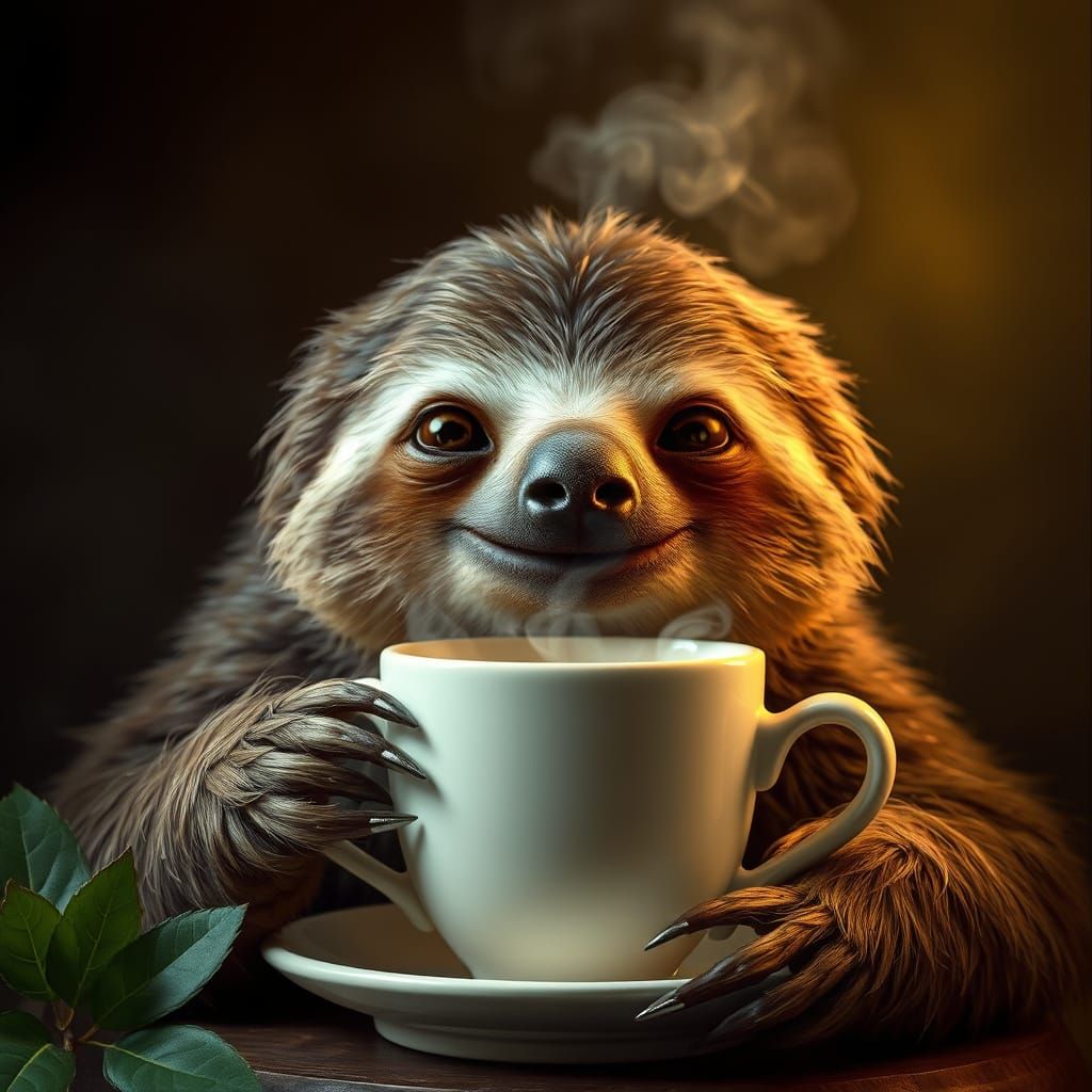 Hyperrealistic Sloth Enjoys Morning Coffee in Lush Habitat