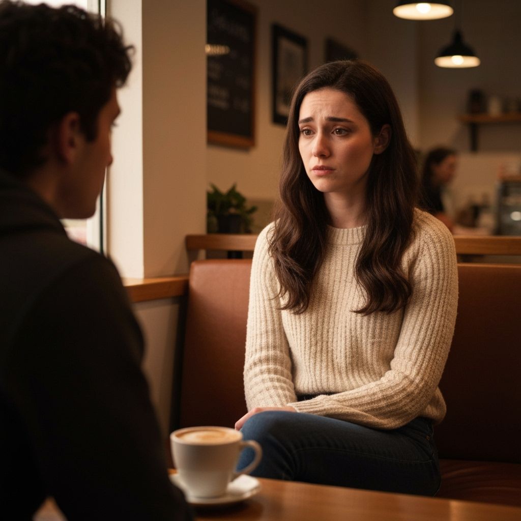 Melancholic Woman in Coffee Shop, Dreamlike Whimsical Style