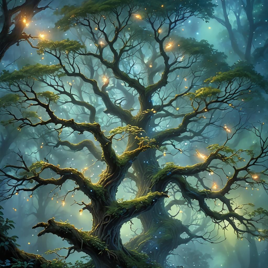 Enchanted Forest Treetop with Fireflies in Ethereal Light