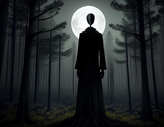 Eerie Faceless Figure in Moonlit Forest: Abstract Art